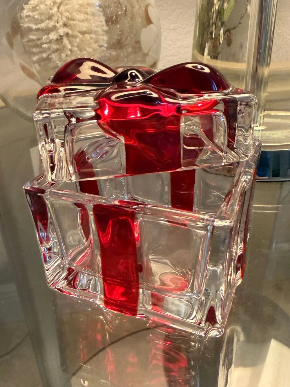 Godinger Crystal Glass Present Trinket Box Red Bow Holiday Decor GUC
